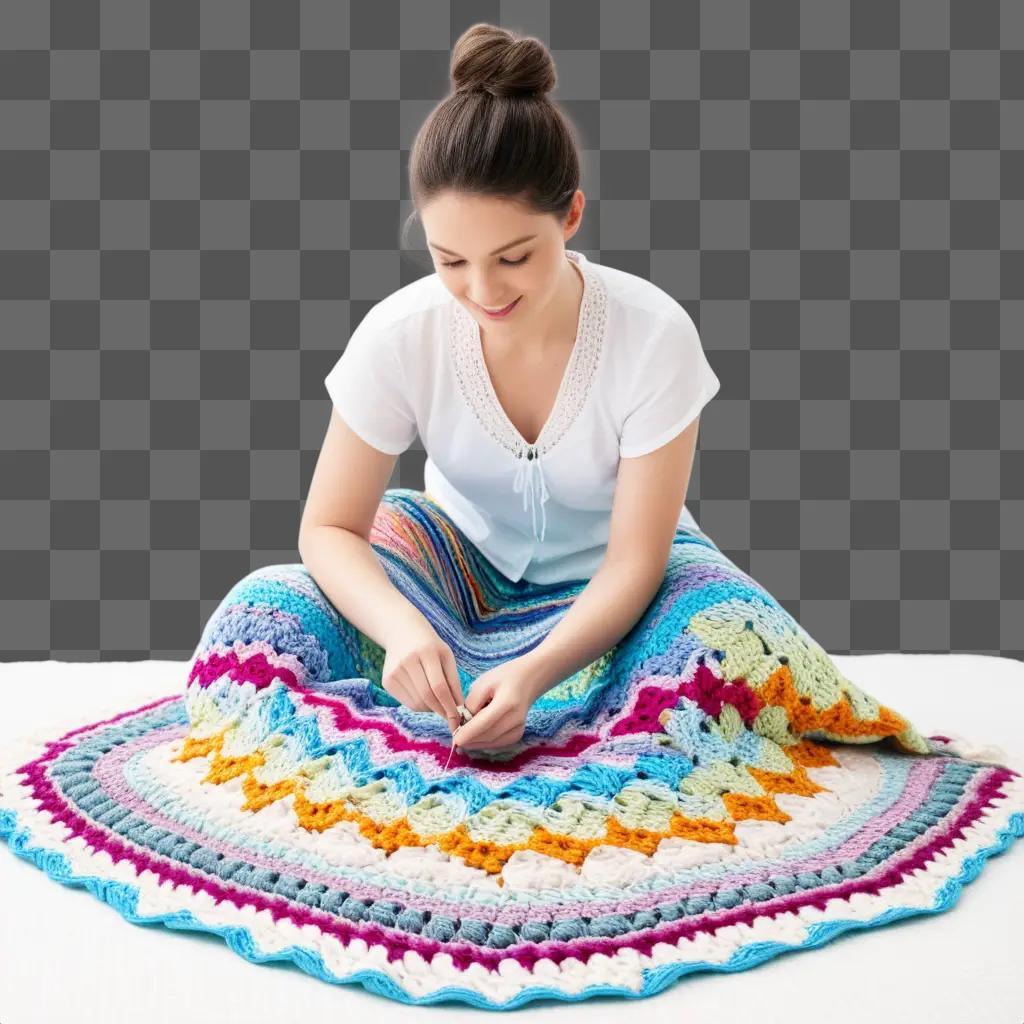 woman crochets a colorful blanket