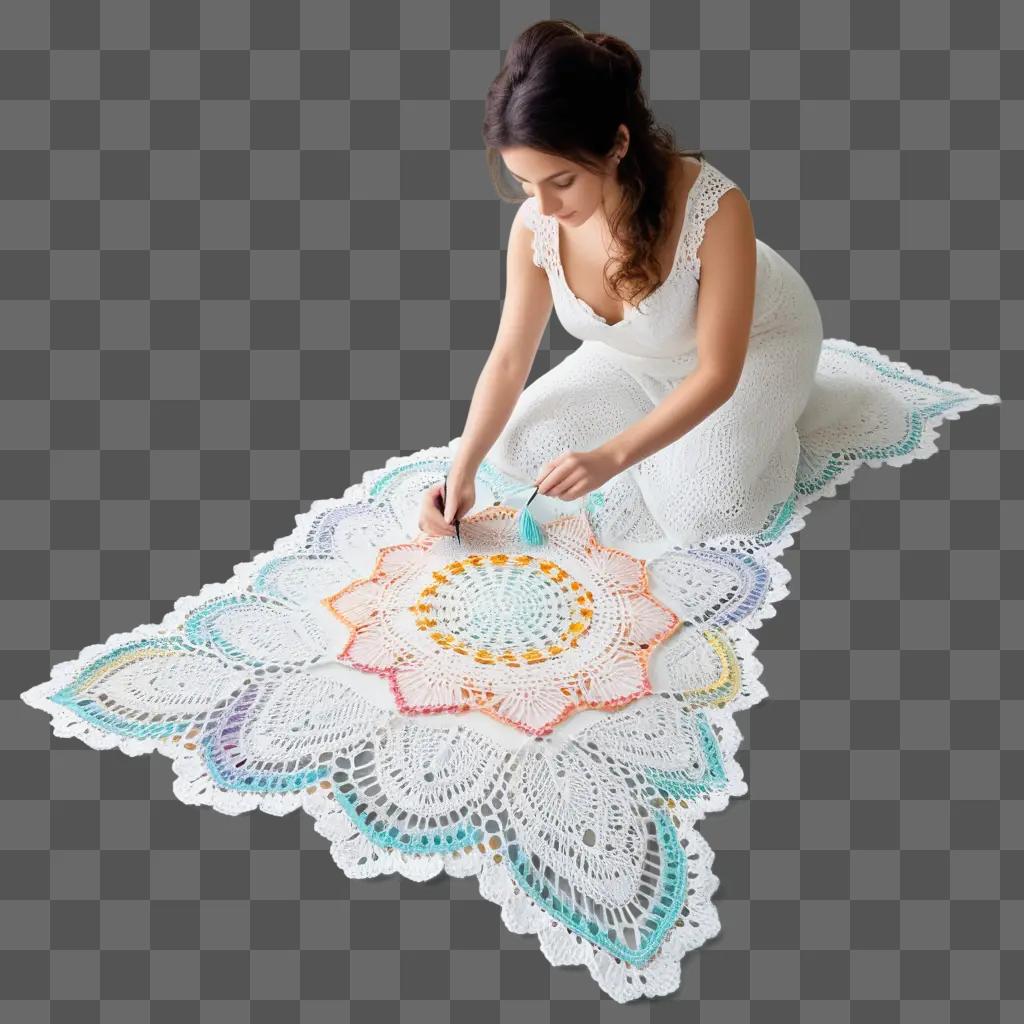 woman crochets a large, colorful doily