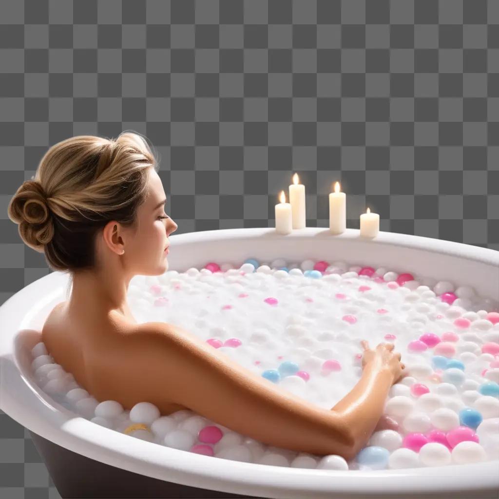 woman enjoying a bubble bath with lit candles