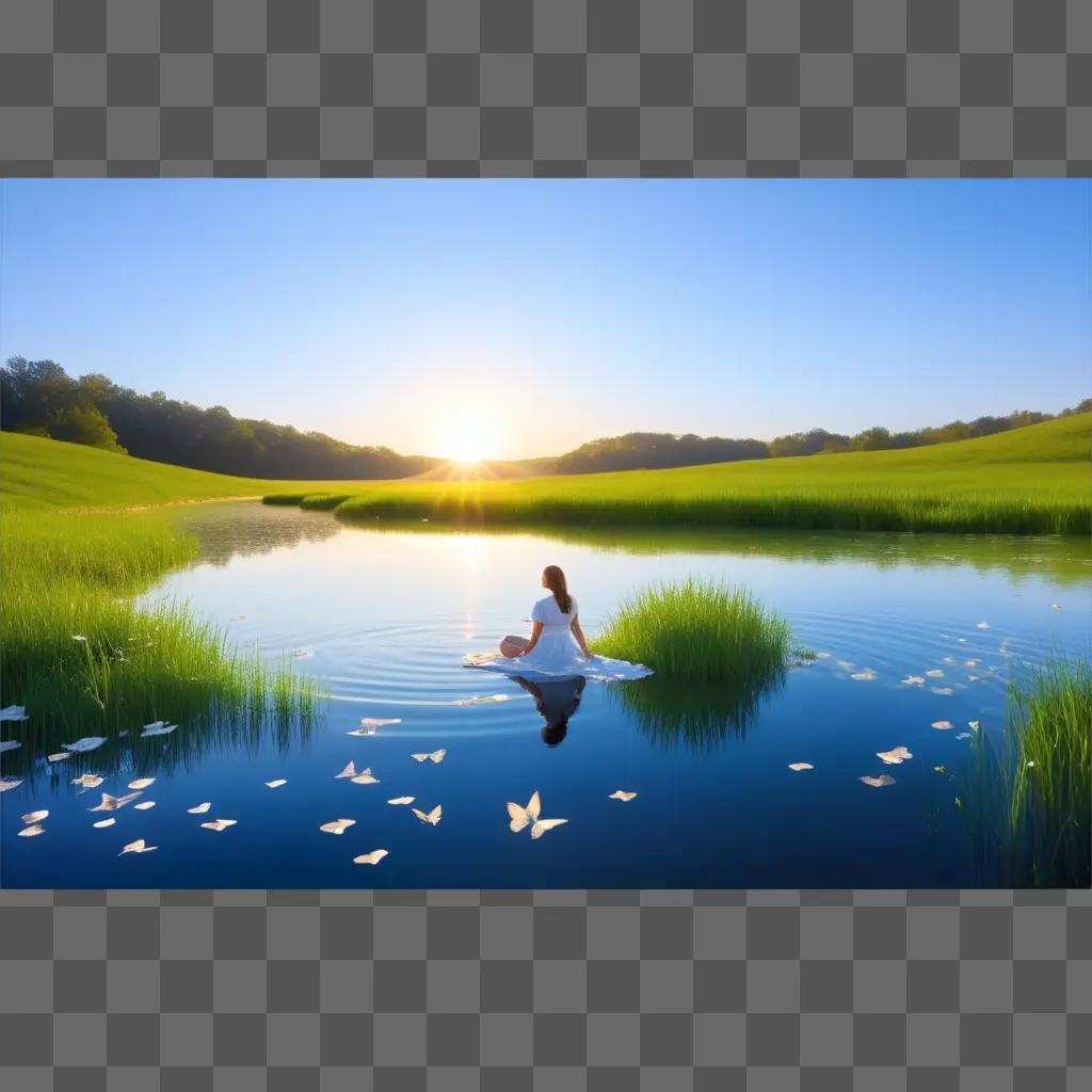 woman enjoys a relaxing moment in a peaceful pond