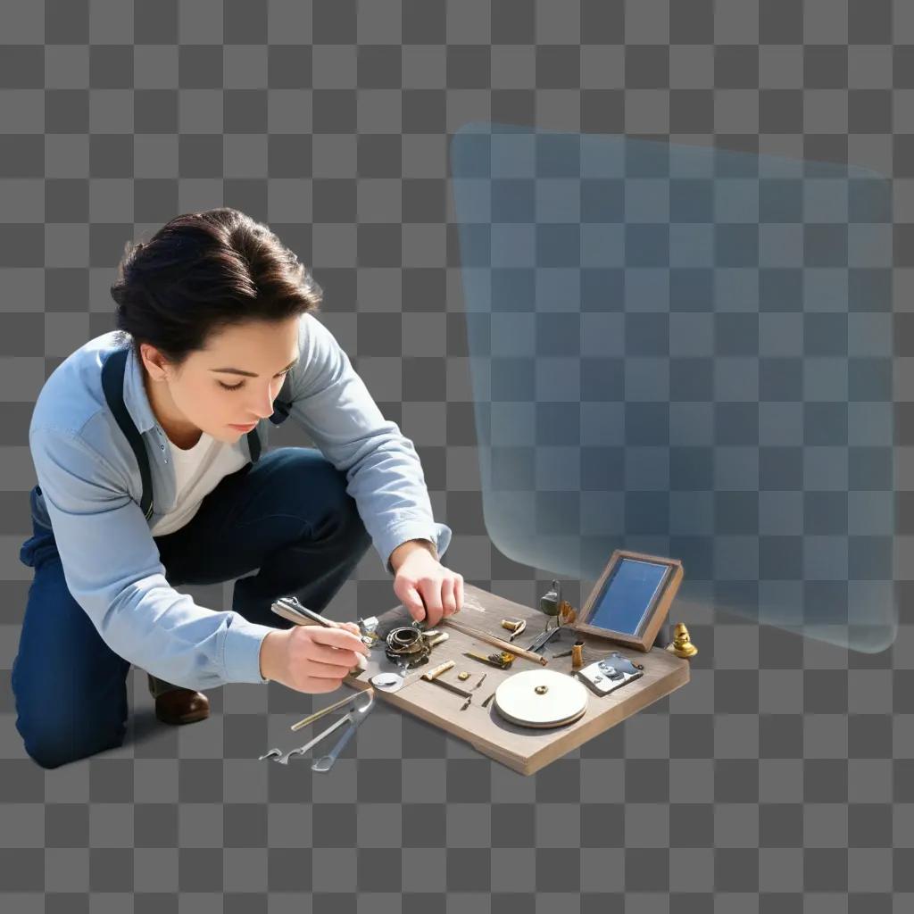 woman fixes an object on a wooden table