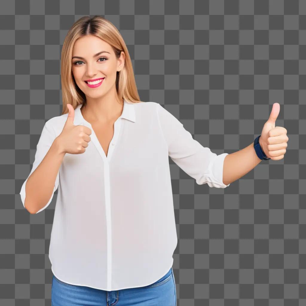 woman gives a thumbs up with a blurred background