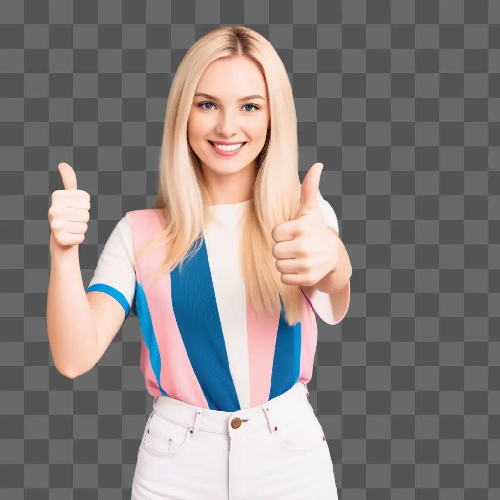 woman gives a thumbs up with a pink, blue, and white striped shirt