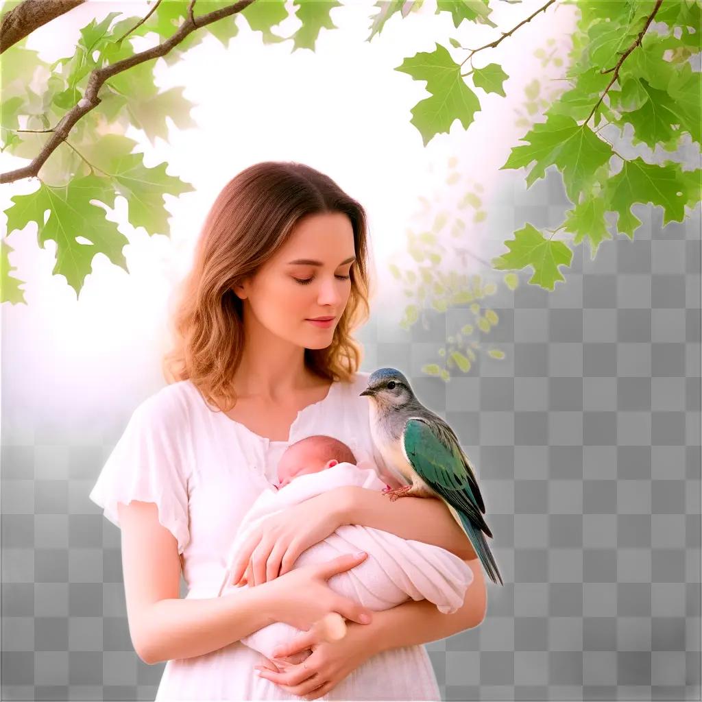 woman holding a baby and a bird