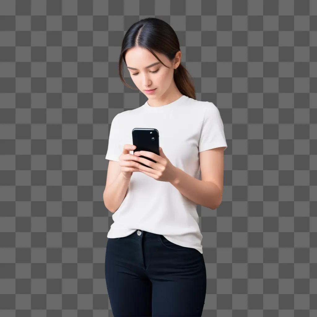 woman holding a black phone against a gray background