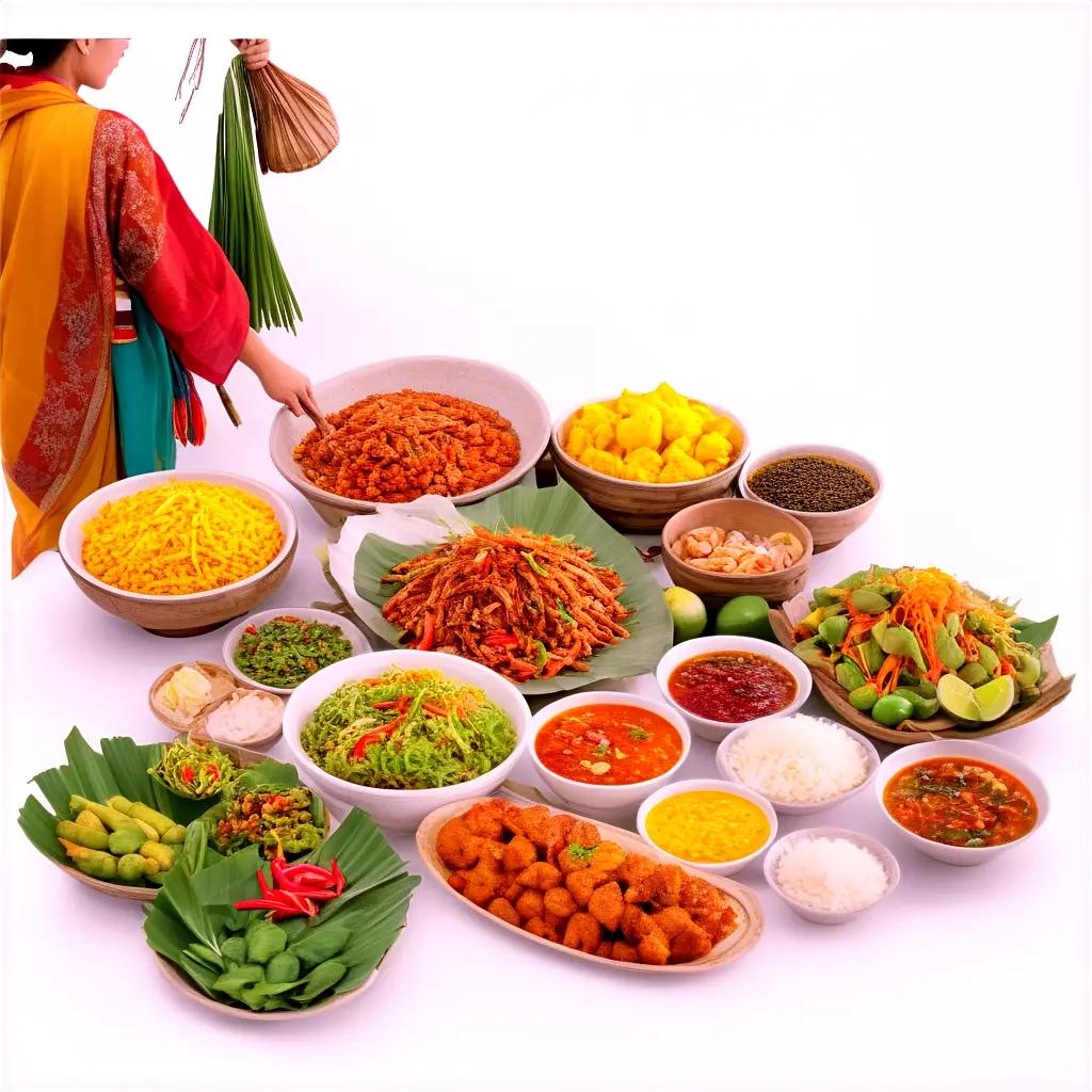 woman holding a bowl of toung in front of a table full of food