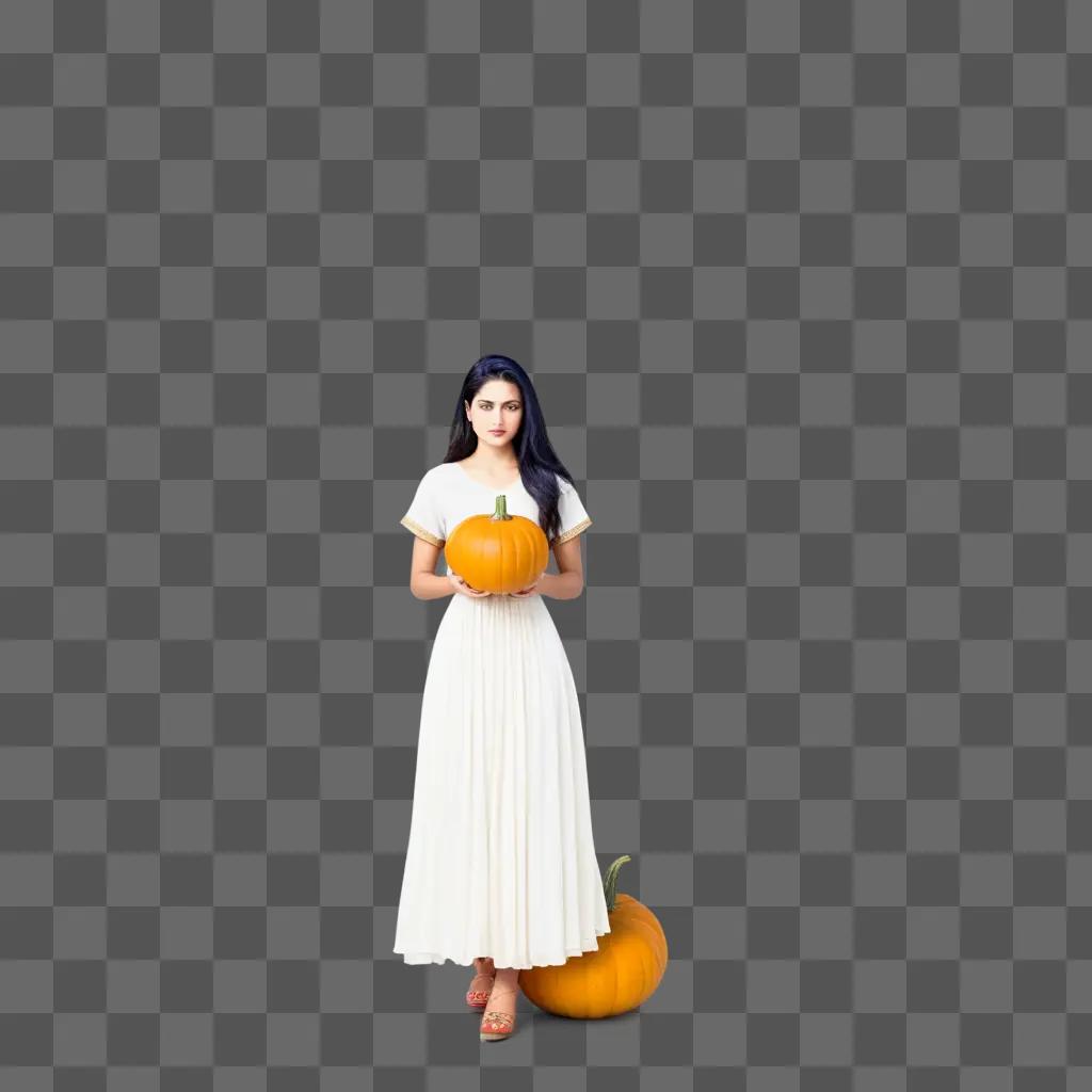 woman holding a pumpkin, dressed in a white dress