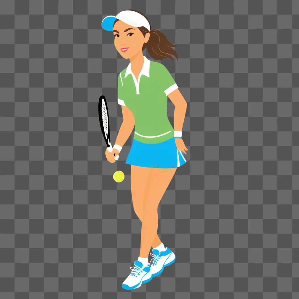 白いシャツと青いスカートでテニスラケットを持つ女性