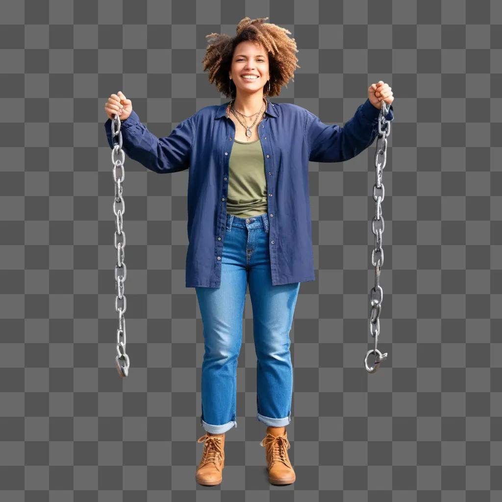 woman holding chains, symbolizing freedom