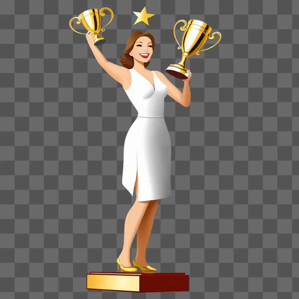 woman holding two gold trophies