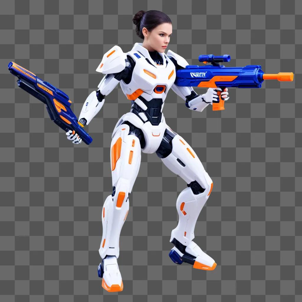 woman holds a Nerf gun in a futuristic suit