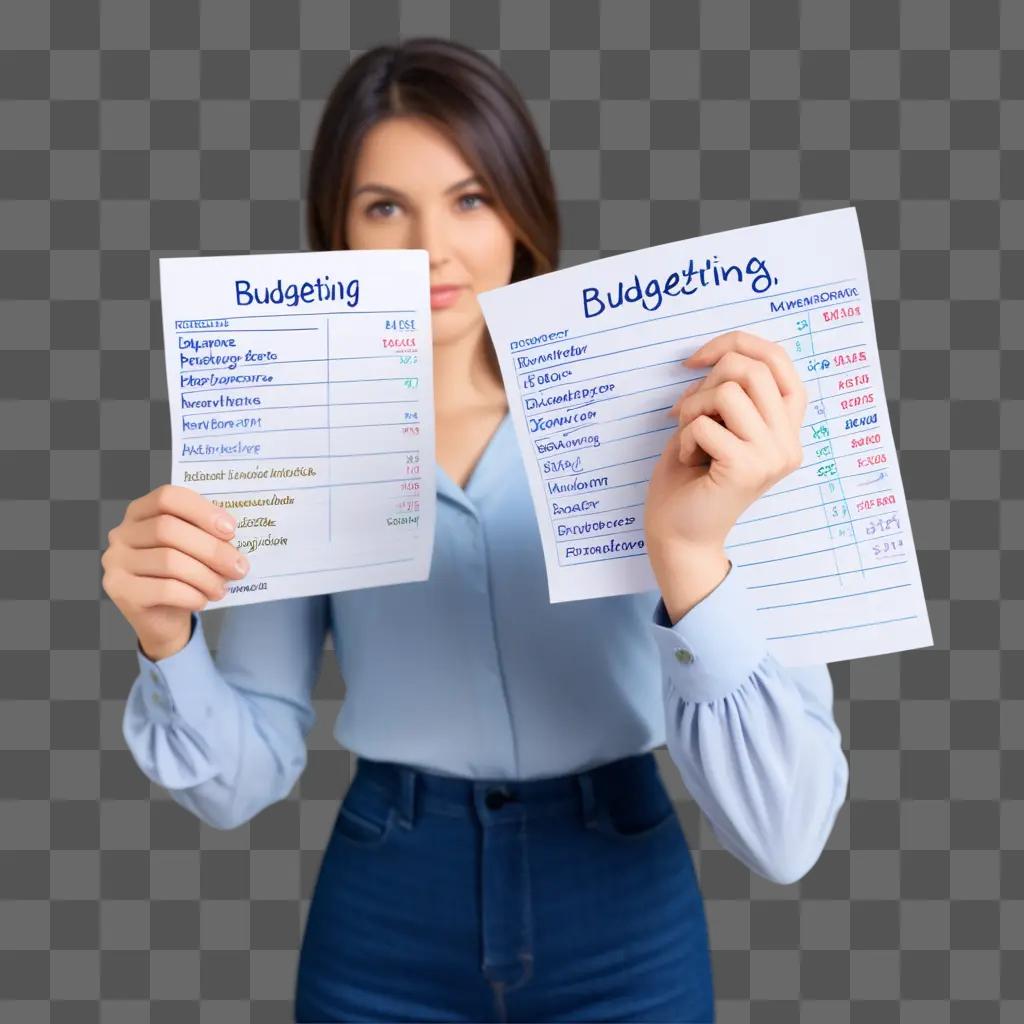 woman holds a piece of paper with budgeting written on it