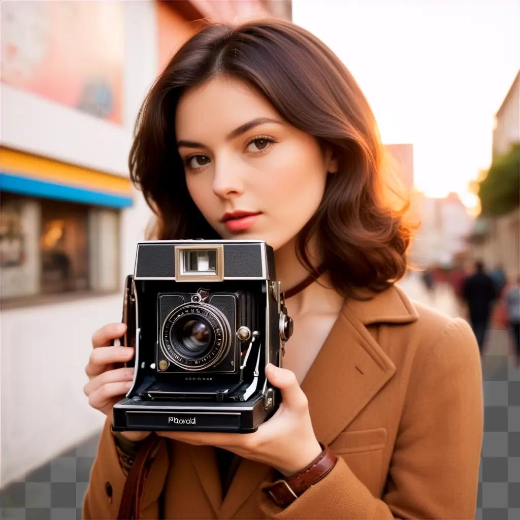 woman holds a vintage camera on a city street