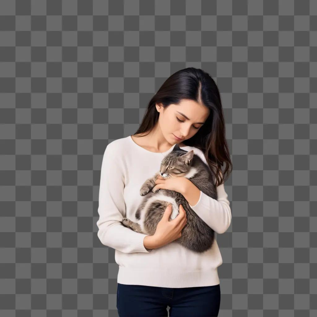 woman hugs a cat in a gentle manner