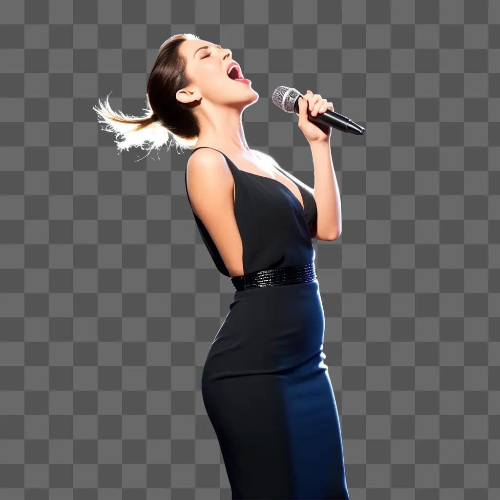 woman in a black dress sings into a microphone