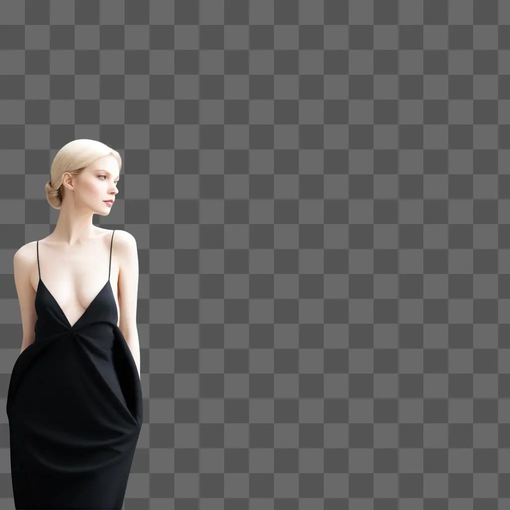 woman in a black dress stands against a black background