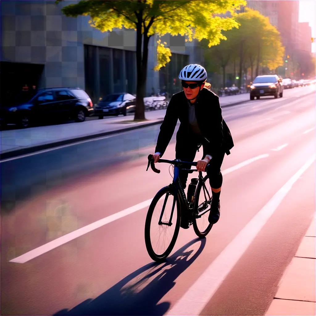 黒いジャケットと白いヘルメットをかぶった女性が道路を自転車で走る
