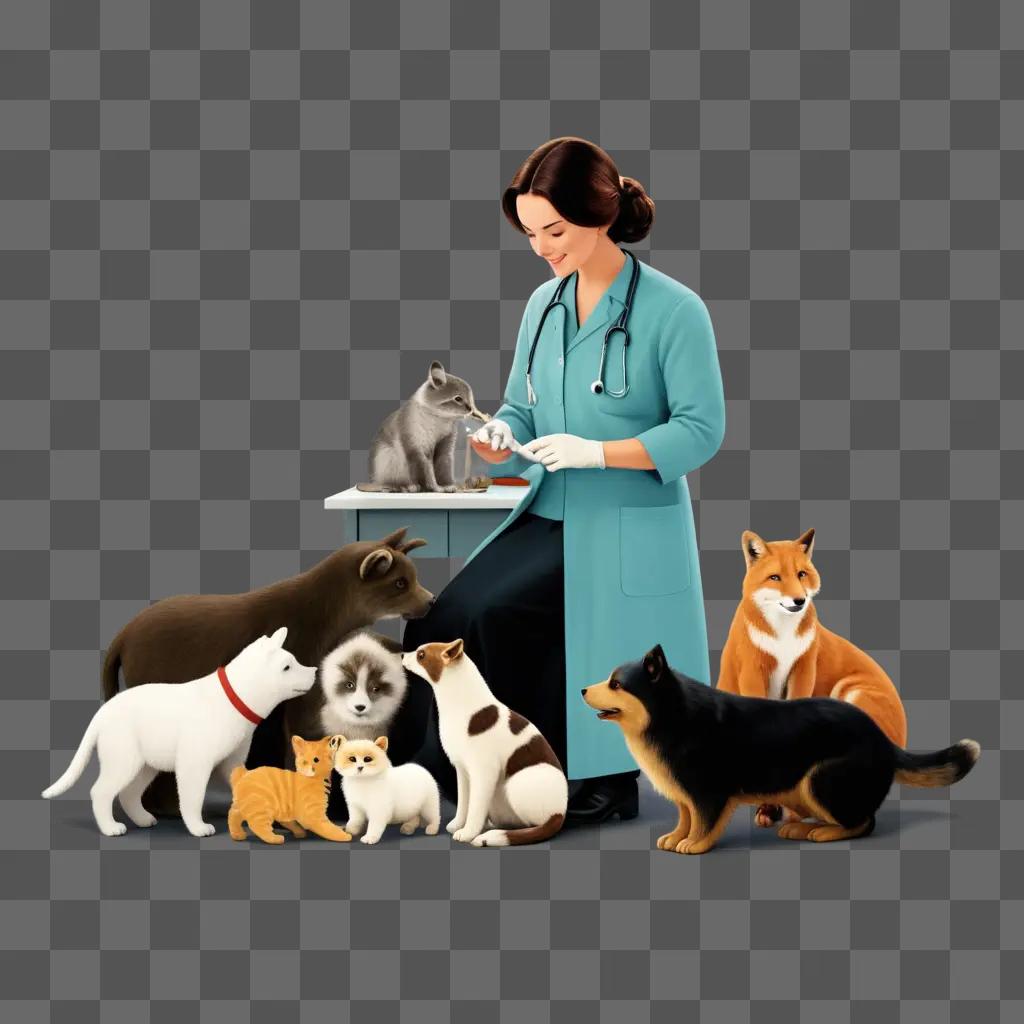 woman in a blue coat and a stethoscope stands among pets