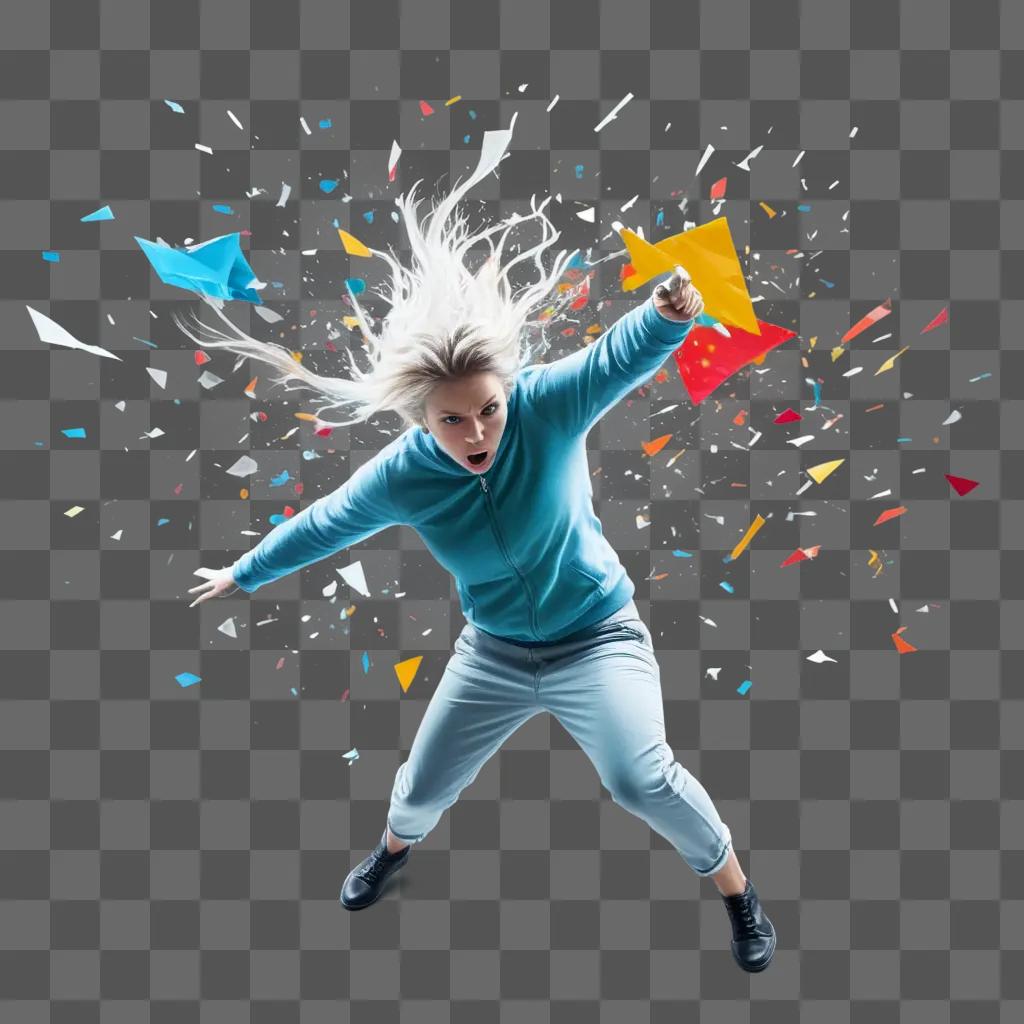 woman in a blue jacket is reacting to a sudden burst of color