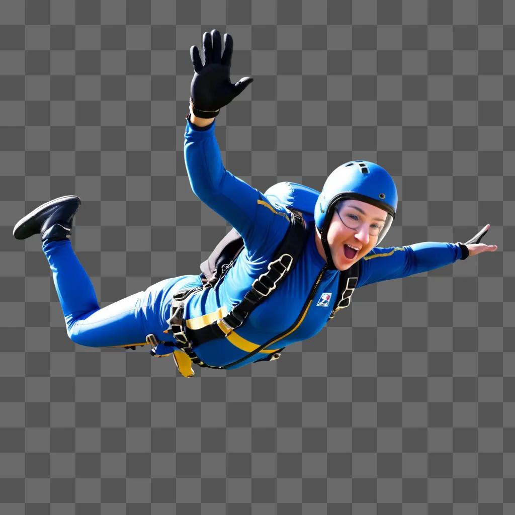 woman in a blue jumpsuit skydives