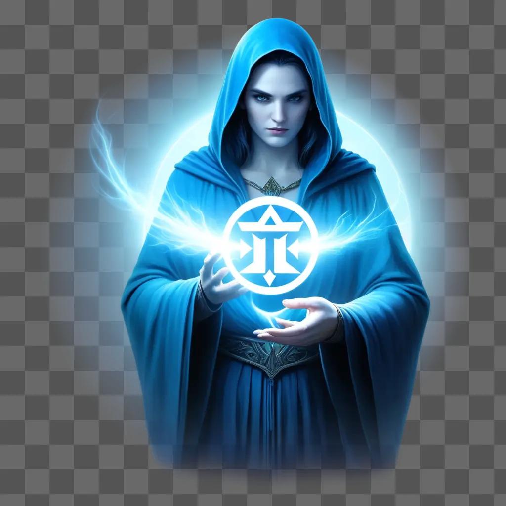 woman in a blue robe with a + symbol on her forehead