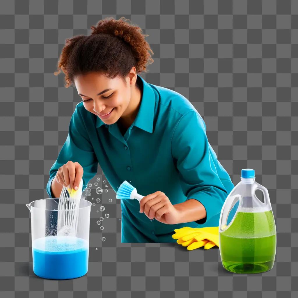 woman in a blue shirt cleaning with a bottle of liquid