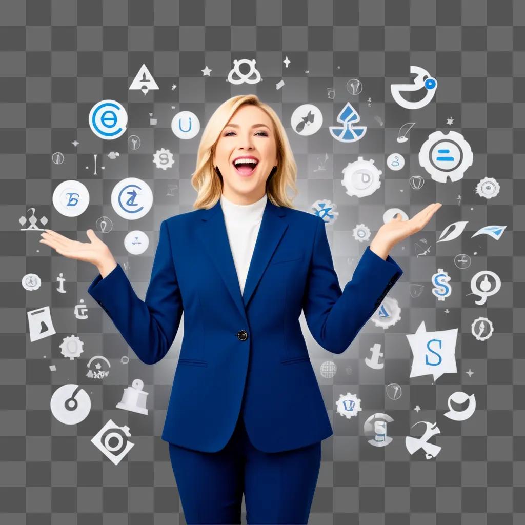 woman in a blue suit stands with her arms spread out, surrounded by a glowing display of successful icons