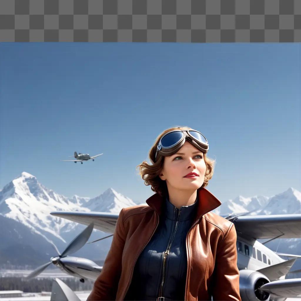 woman in a brown leather jacket looks at an airplane