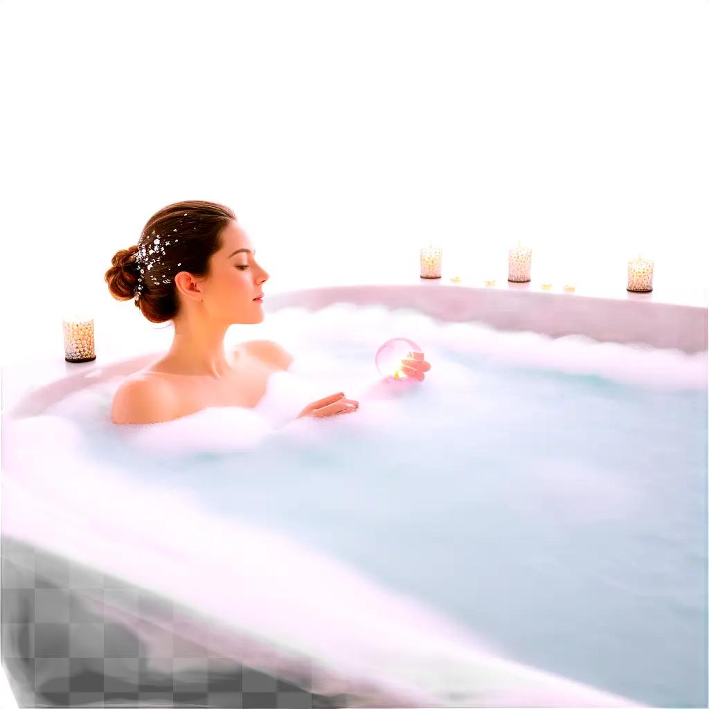 woman in a bubble bath with candles