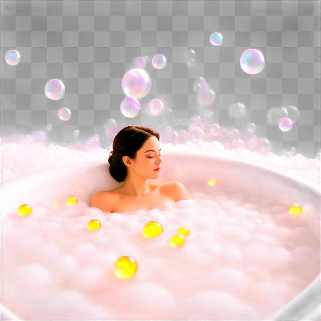 woman in a bubble bath with yellow balls