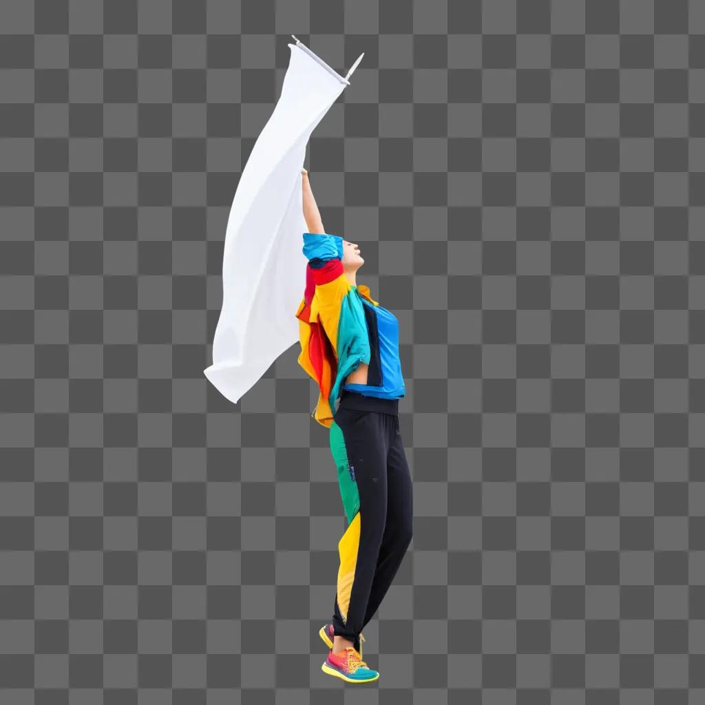 woman in a colorful outfit holding a white flag