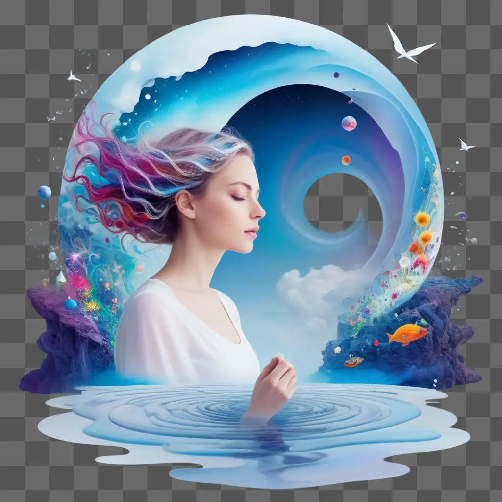 woman in a dreamy environment with colorful hair