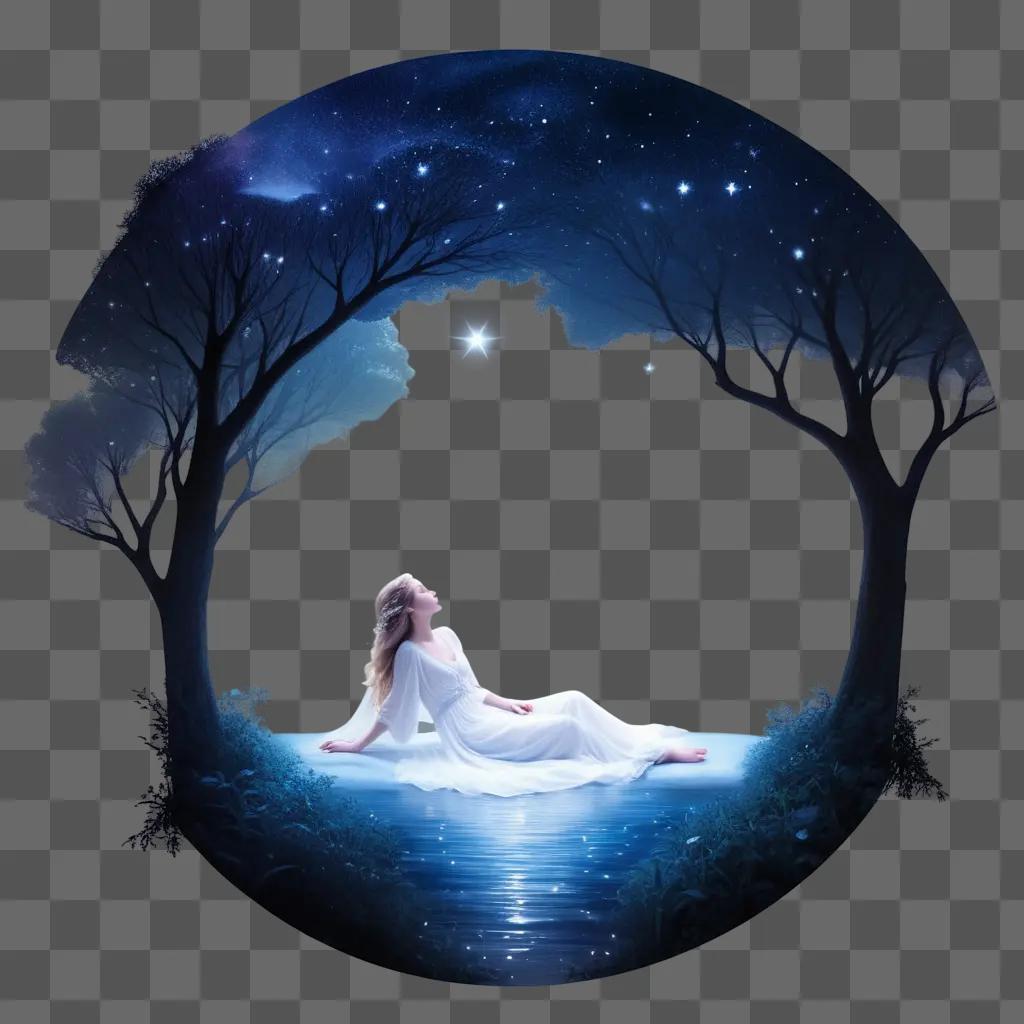 woman in a dreamy scene with a starry sky above