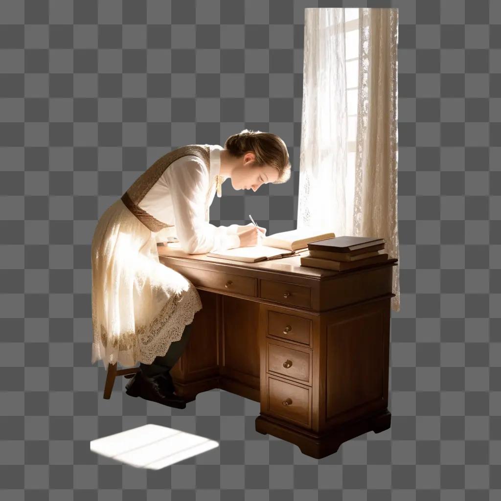 woman in a dress writes at a desk