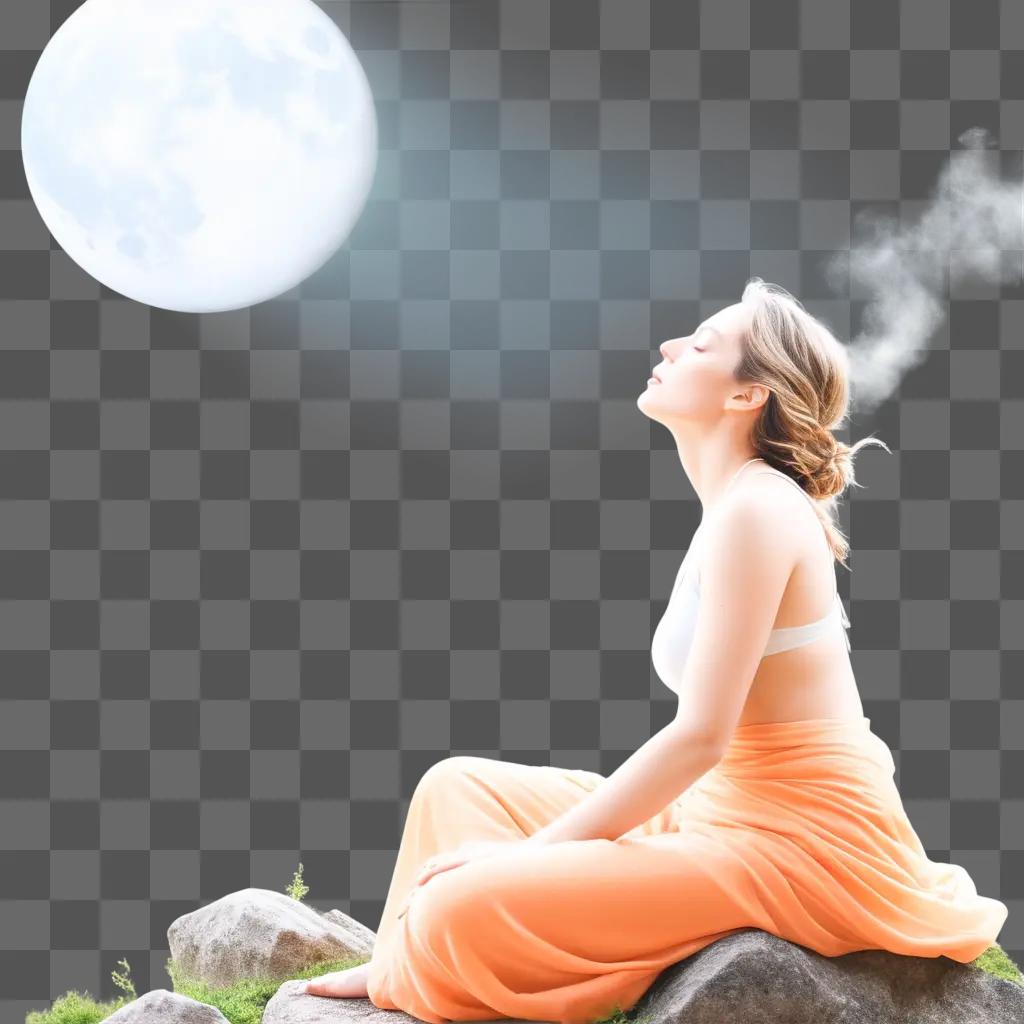 woman in a flowered dress inhales while sitting on a rock