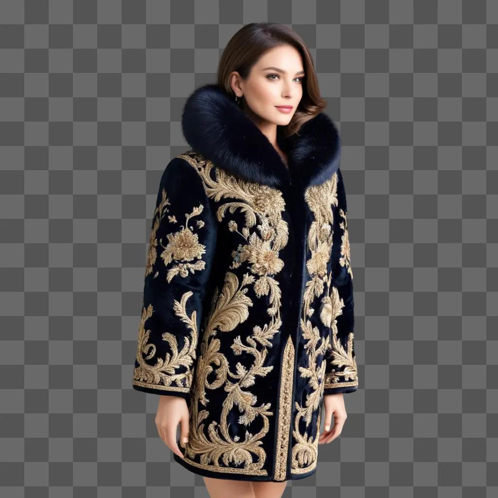 woman in a fur-trimmed coat with gold embroidery