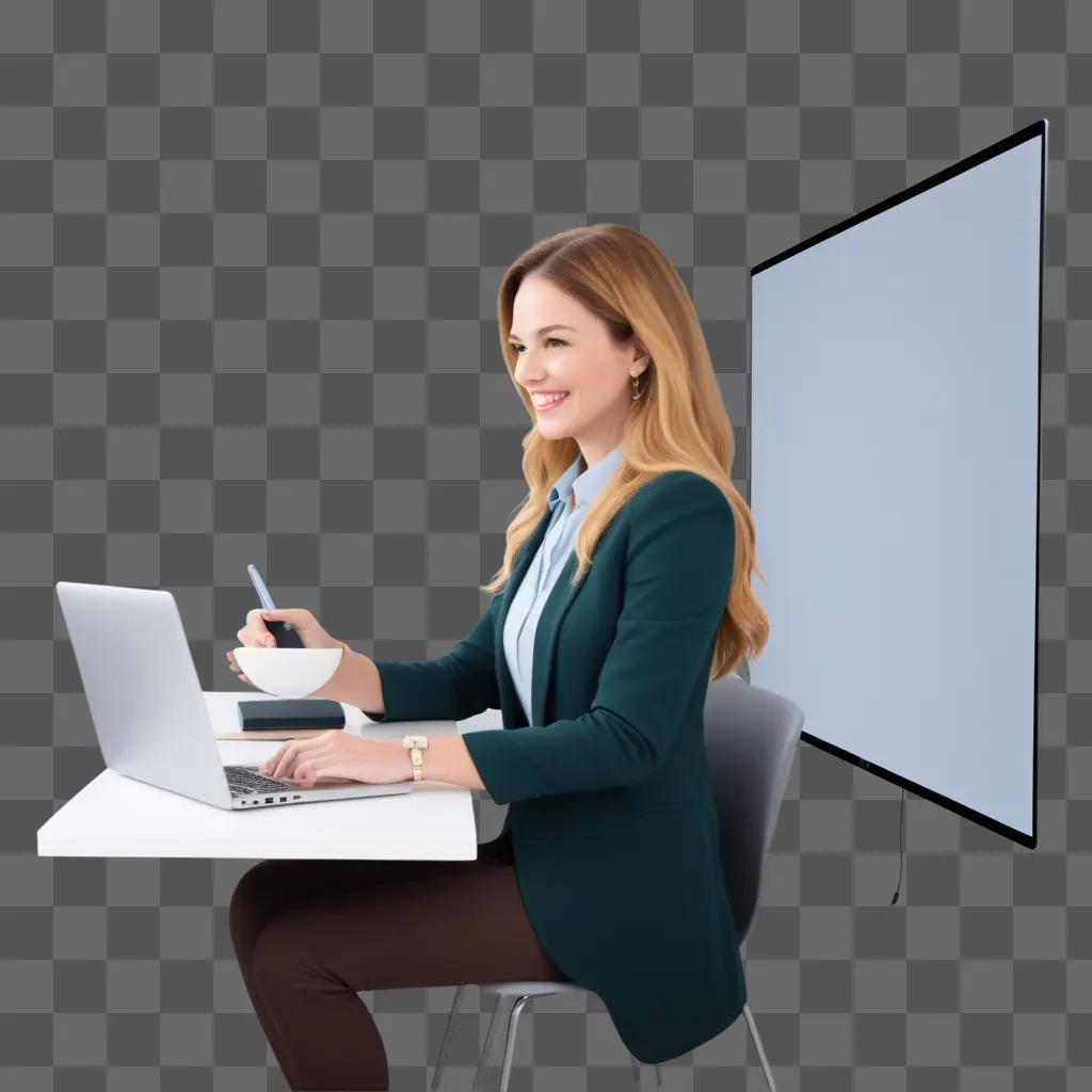 woman in a green jacket is using her laptop to teach online