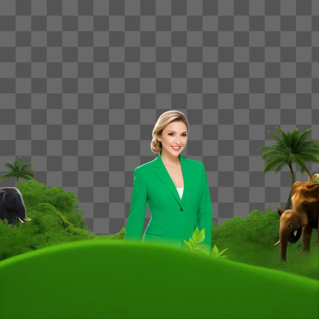 woman in a green suit is posing in front of a green screen