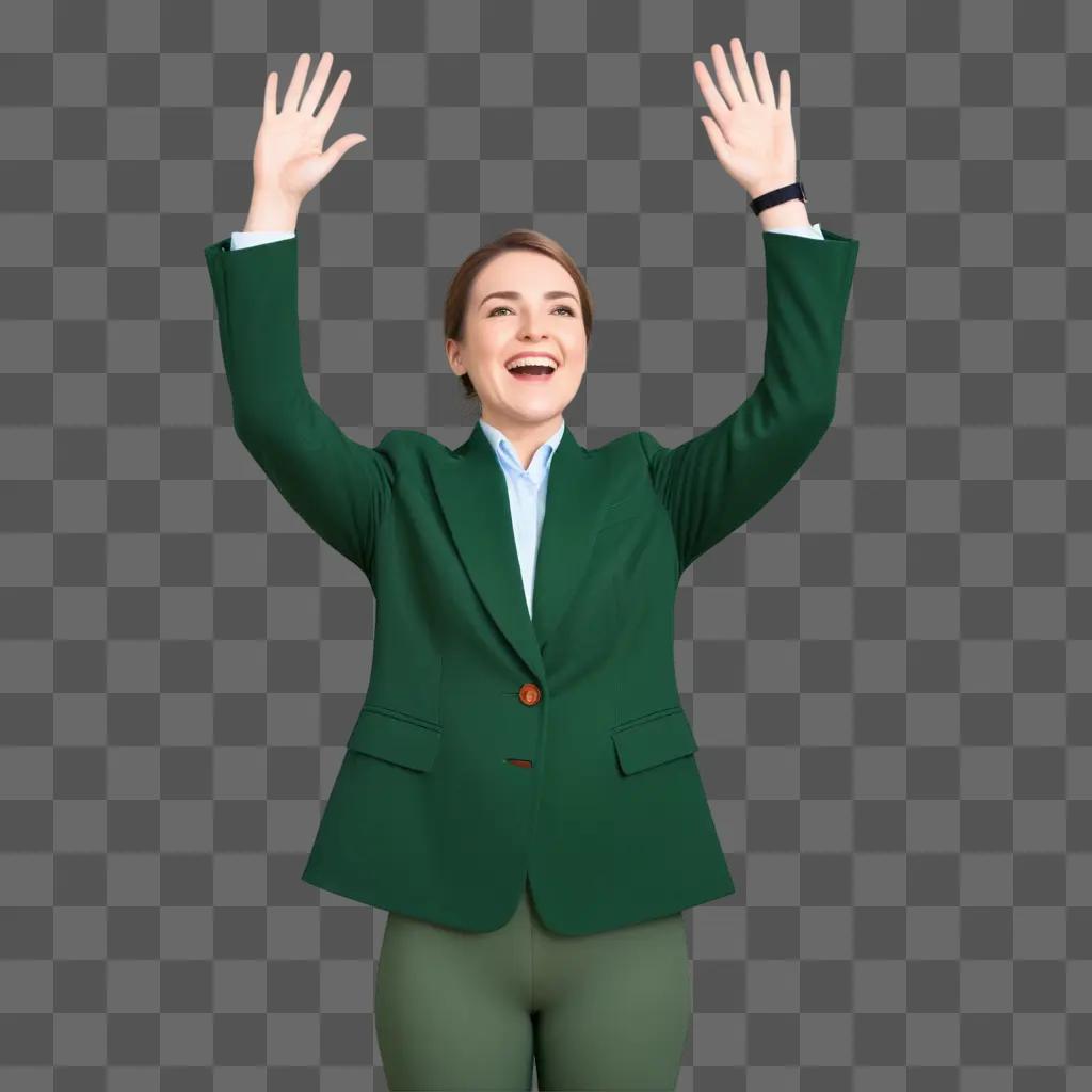 woman in a green suit is raising her hands to good luck