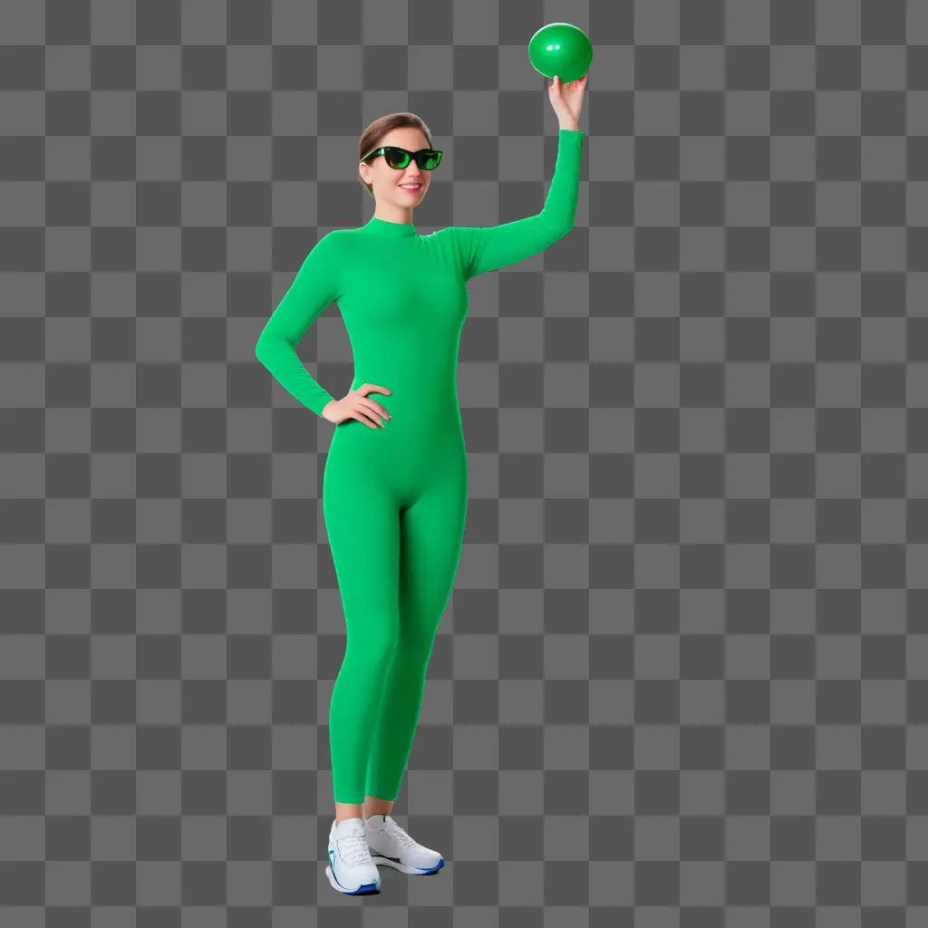 woman in a green suit posing with a ball