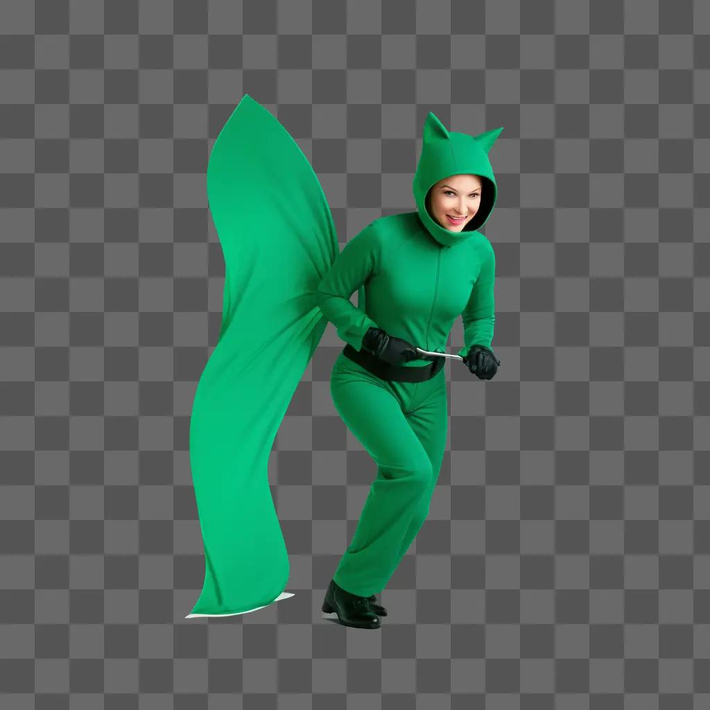 woman in a green suit with a green screen behind her