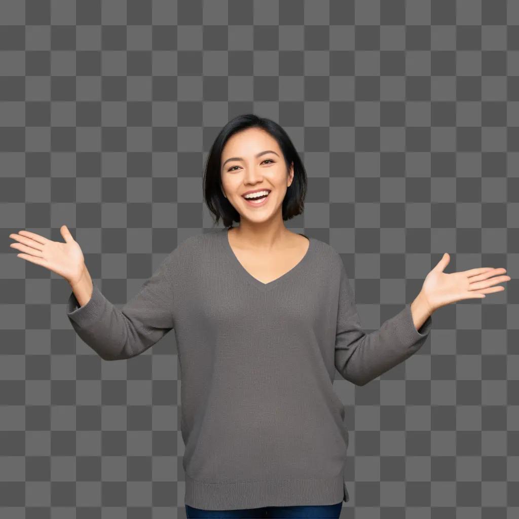 woman in a grey sweater is welcomed by a glowing light