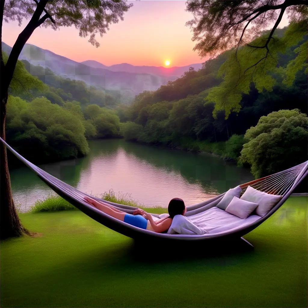 woman in a hammock enjoys a tranquil sunset by a river