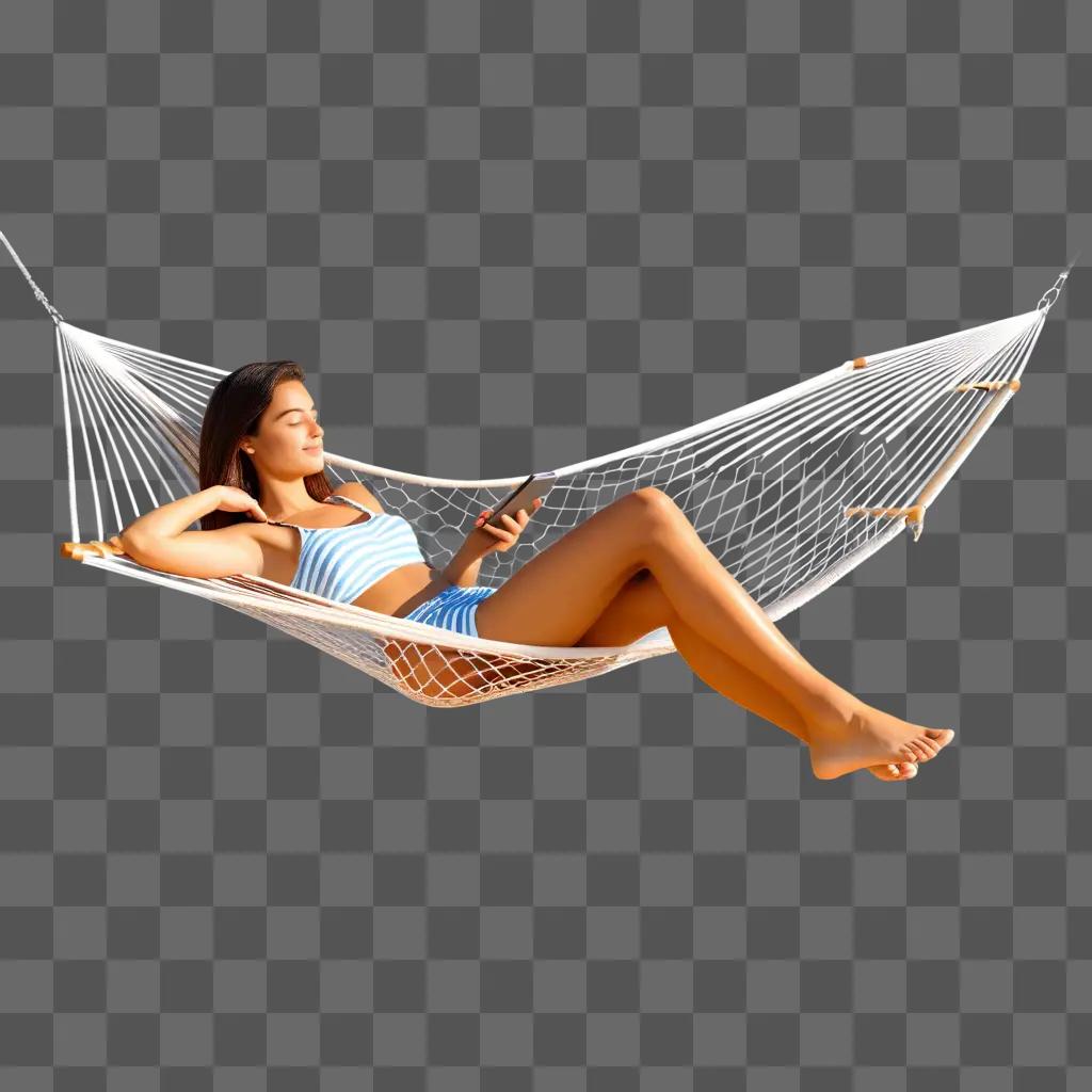 woman in a hammock relaxes with a phone