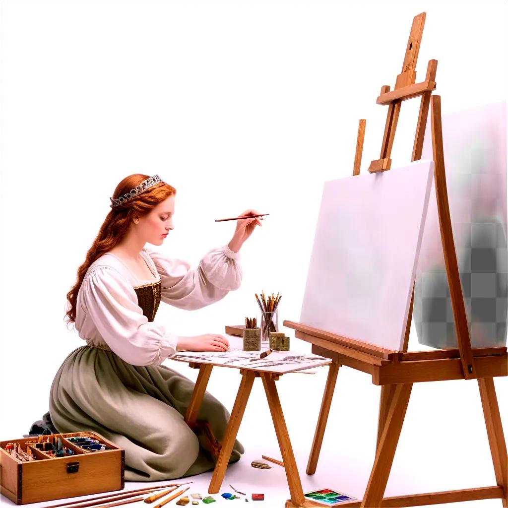 woman in a historical costume paints a canvas