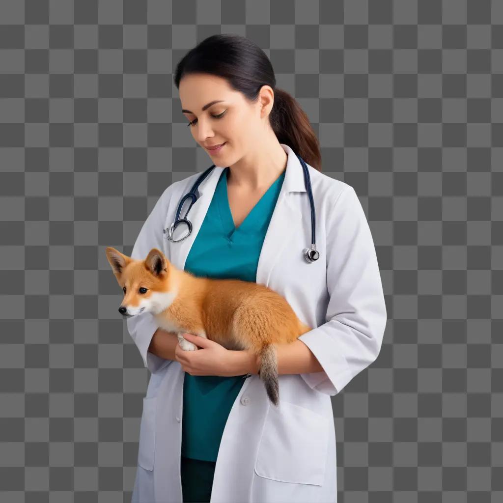 woman in a lab coat holds a small dog