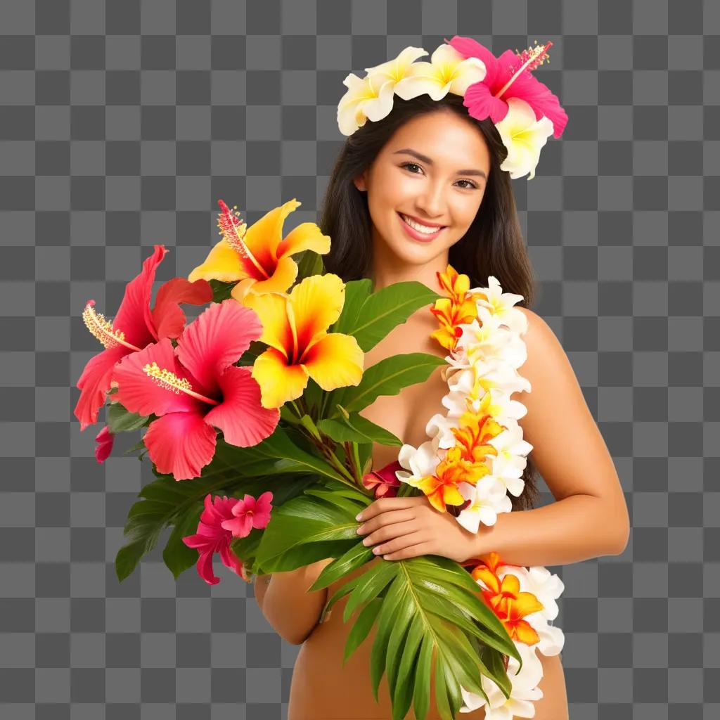 woman in a lei holds a bouquet of Hawaiian flowers