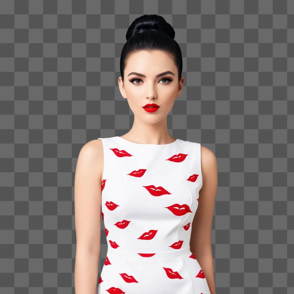 woman in a lipstick print dress posing