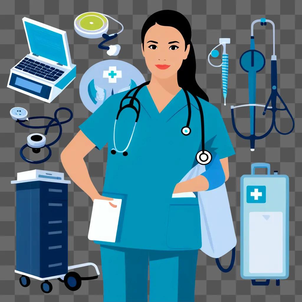 woman in a medical uniform with various medical items