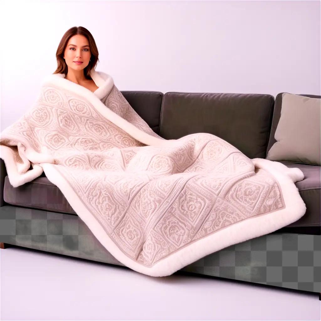 ソファの上のピンクの毛布の女性
